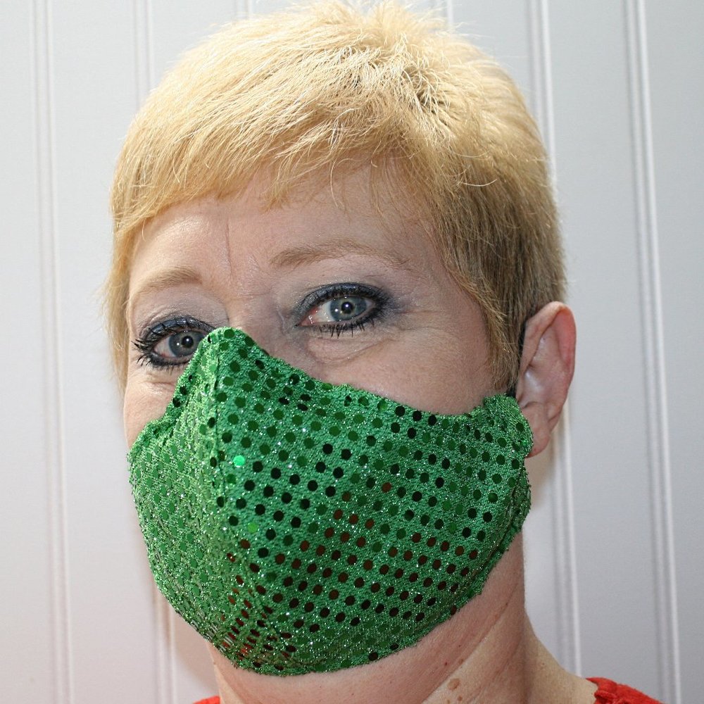 HAND CRAFTED Face Mask Green Confetti Dot Sequin - Adult - Shield Style